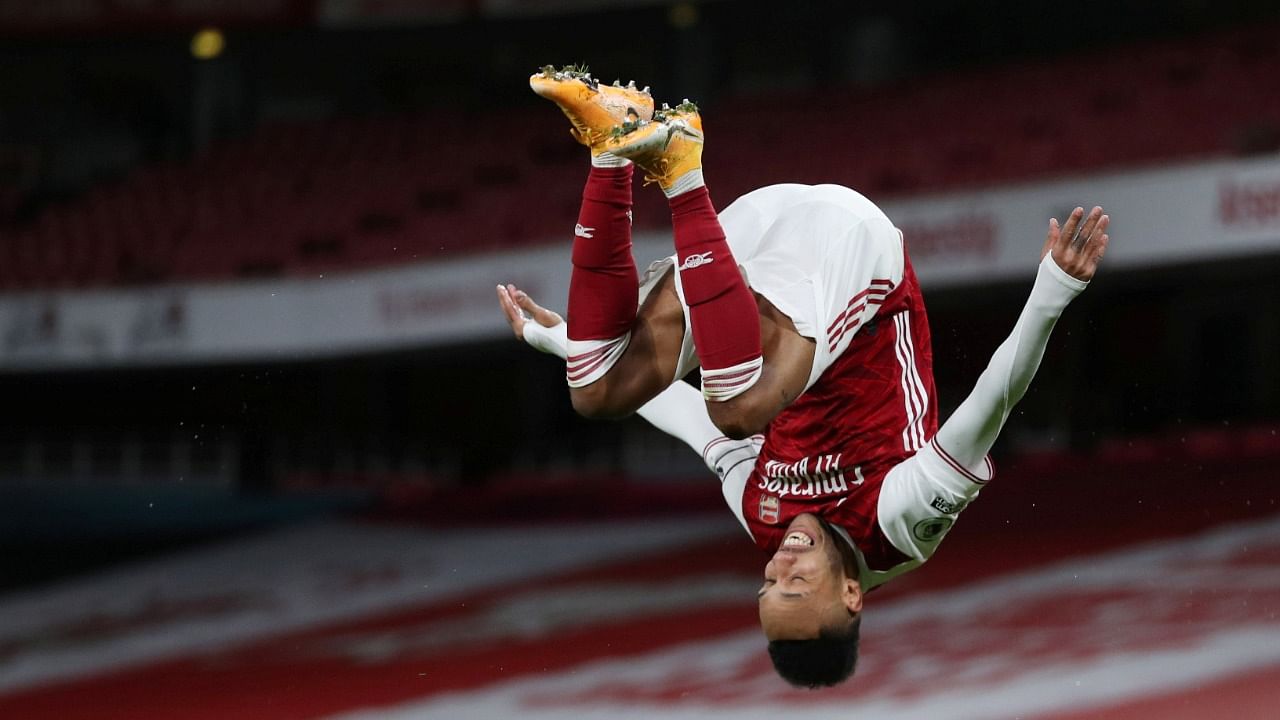 Arsenal's Pierre-Emerick Aubameyang celebrates scoring their first goal. Credit: Reuters Photo