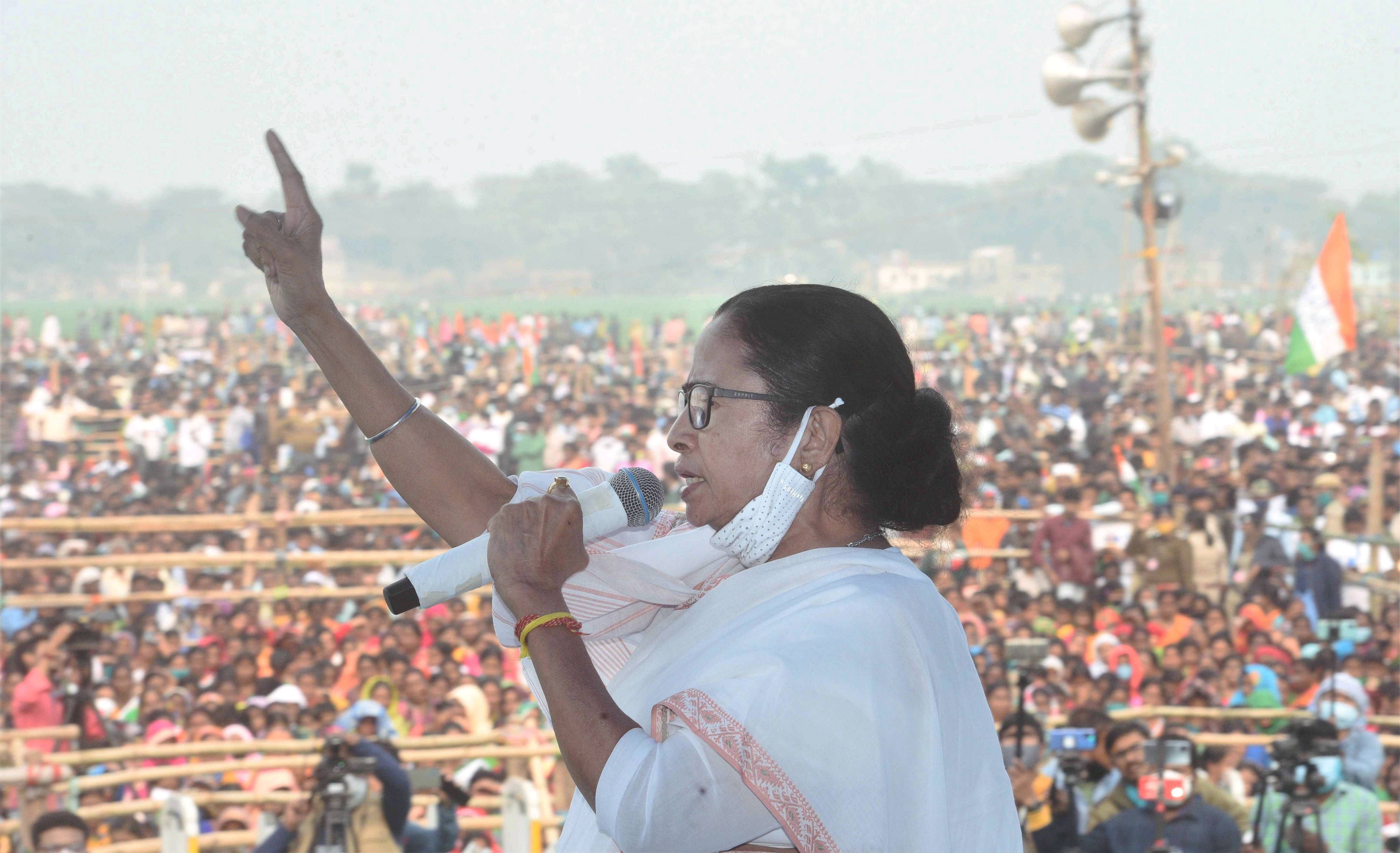 West Bengal Chief Minister Mamata Banerjee addresses a public rally in Hoogly, Monday, Jan. 25, 2021. Credit: West Bengal CMO via PTI Photo