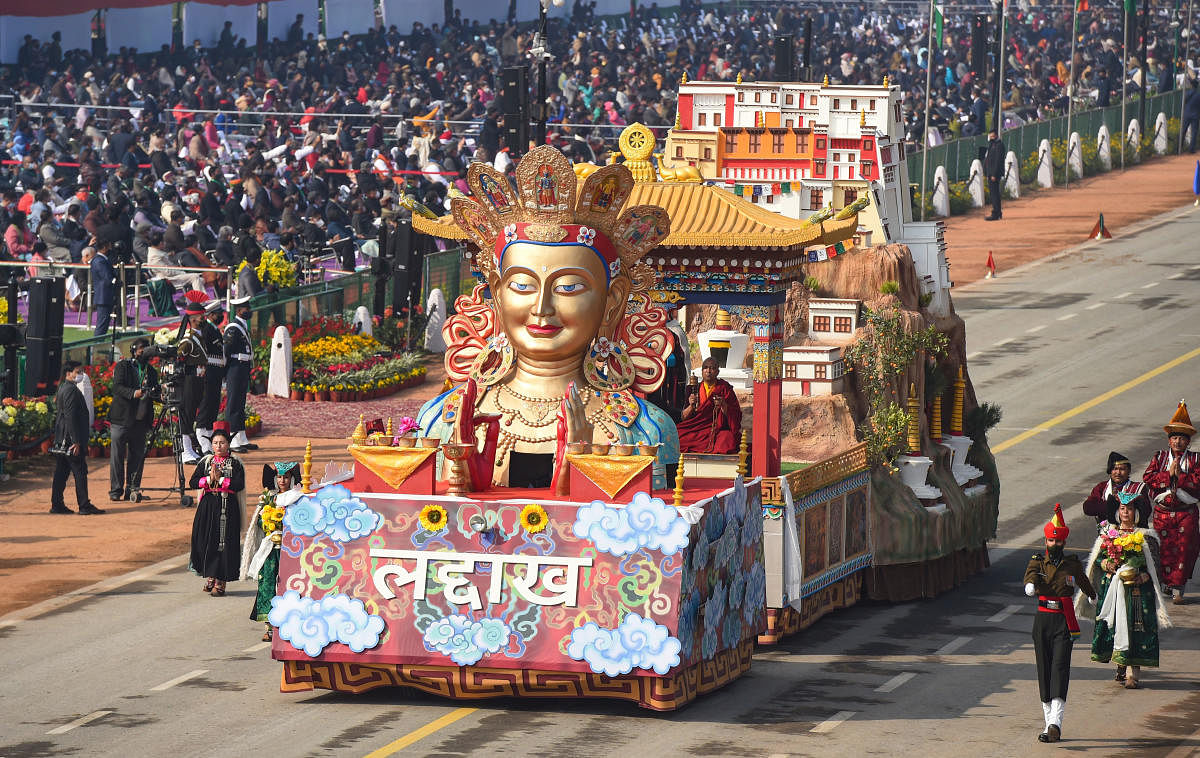 Ladakh tableau passes through Rajpath, during the 72nd Republic Day celebrations, in New Delhi, Tuesday, Jan. 26, 2021. Credit: PTI Photo