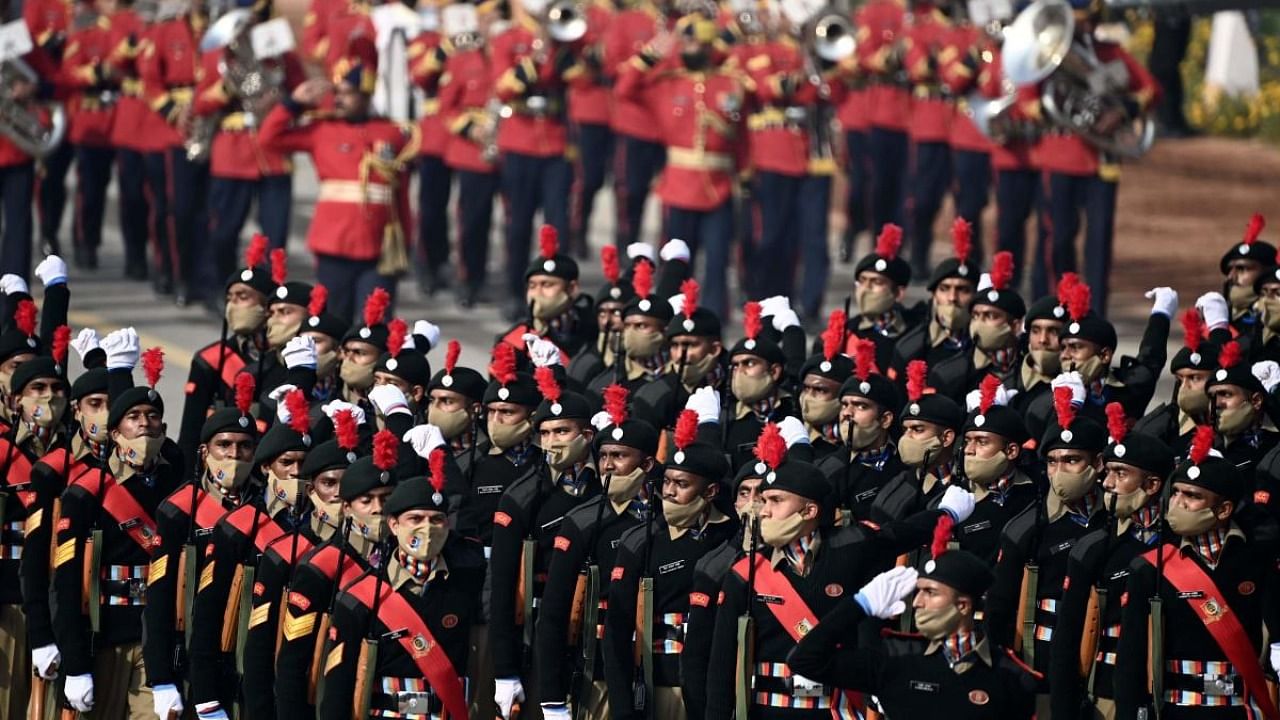 Cadets march along Rajpath during the Republic Day Parade in New Delhi. Credit: AFP.