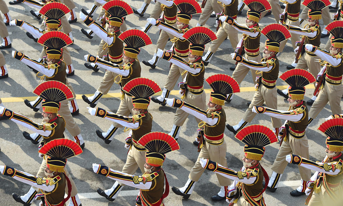 A marching contingent of Delhi Police during the 72nd Republic Day parade at Rajpath, in New Delhi, Tuesday, Jan. 26, 2021. Credit: PTI Photo
