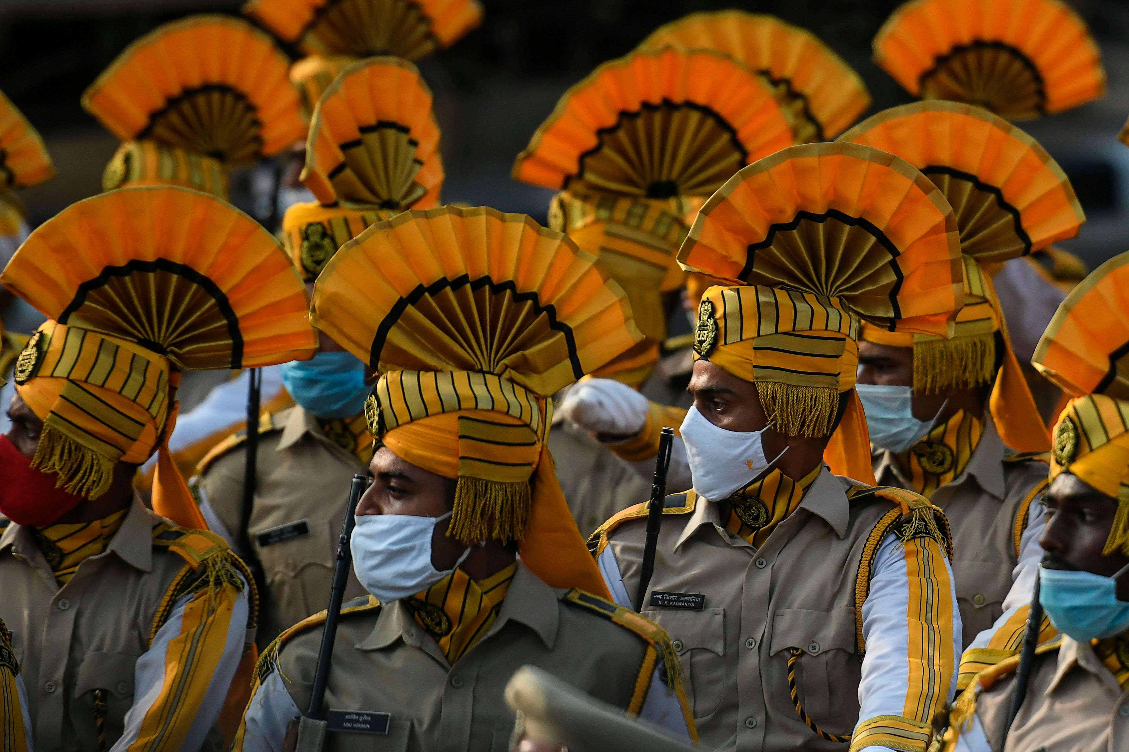 Cadets of Central Industrial Security Force (CISF) march during a full dress rehearsal for the upcoming Republic Day Parade in Chennai on January 24, 2021. Credit: AFP Photo