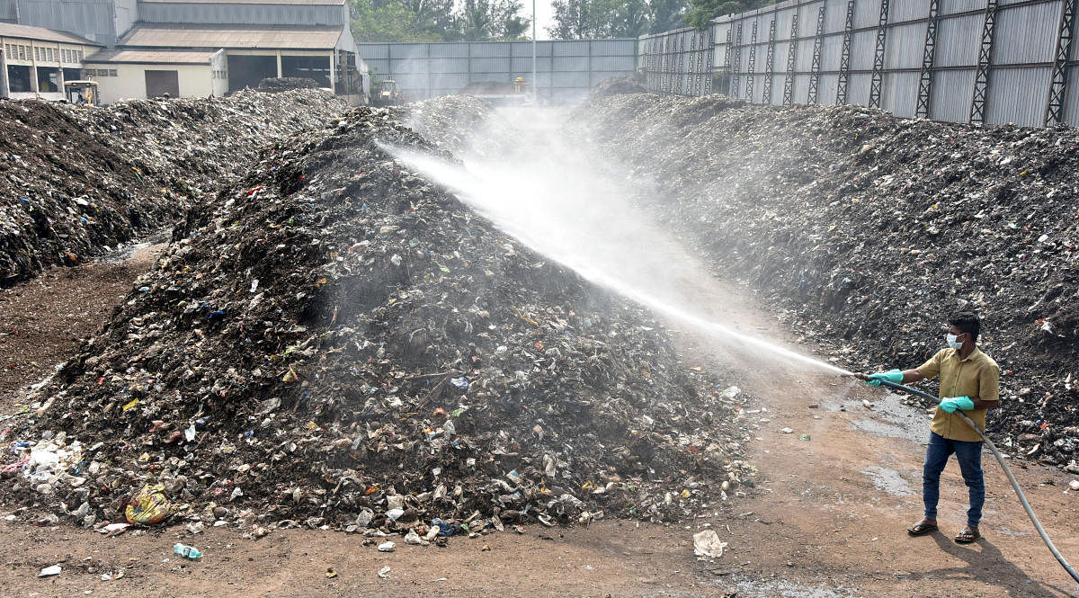 Chemicals sprayed to avoid bad smell from Excel solid waste management plant of Sewage Farm at Vidyaranyapura in Mysuru. DH FILE PHOTO