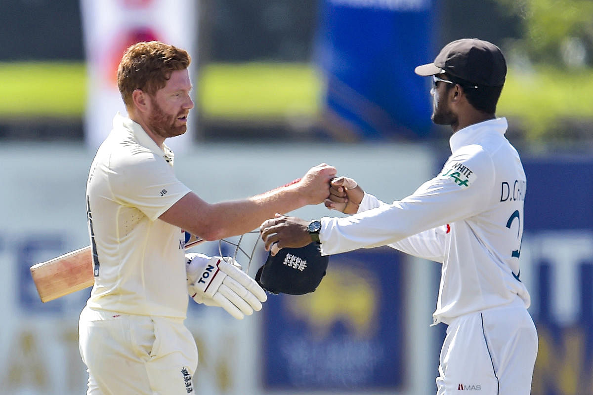 England batsmen Jonny Bairstow after defeating Sri Lanka by seven wickets in the 1st test match at Galle International Cricket Stadium in Galle, Monday, Jan. 18, 2021. Credit: PTI Photo