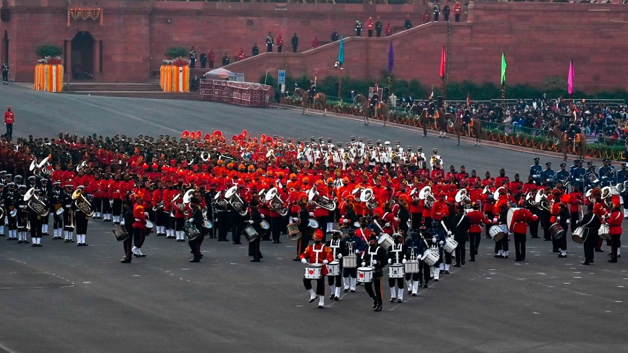 Marching bands from armed forces perform during the Beating the Retreat ceremony in New Delhi. Credit: AFP Photo