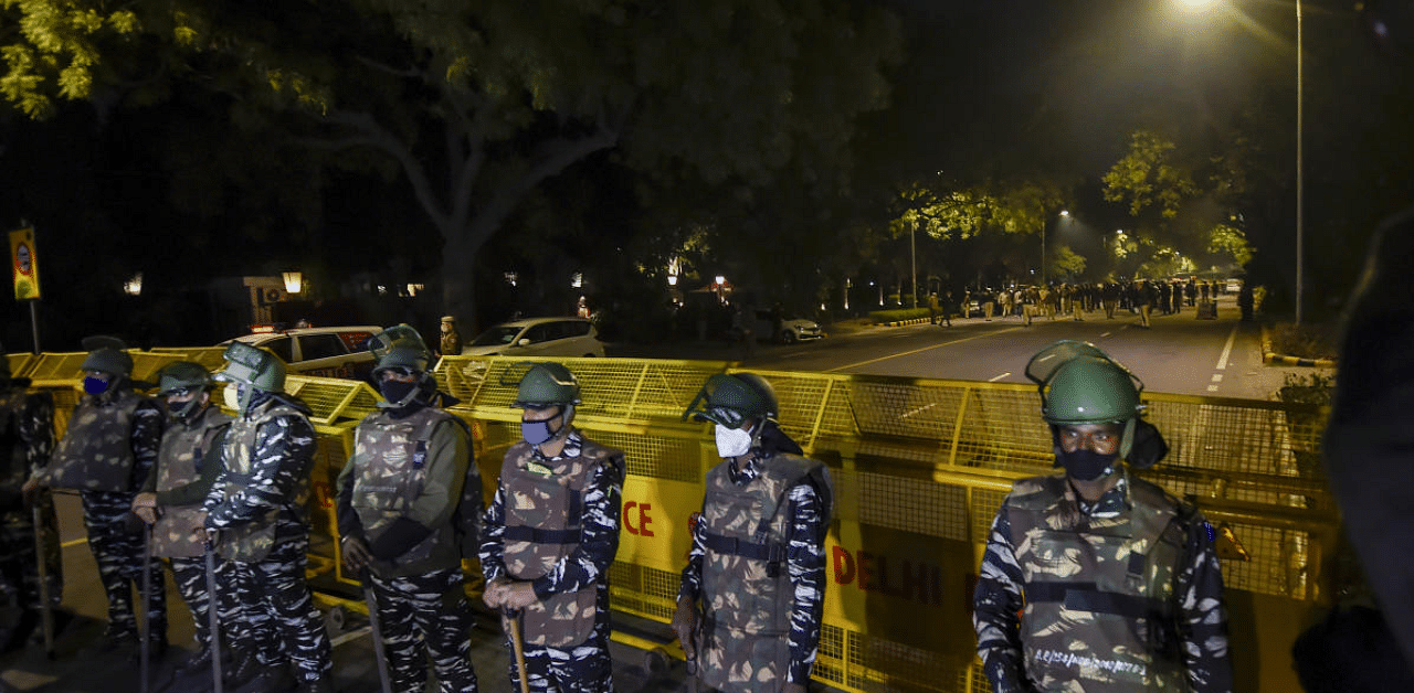 Security personnel stand guard after a minor IED blast outside the Israeli Embassy, in New Delhi. Credit: PTI Photo