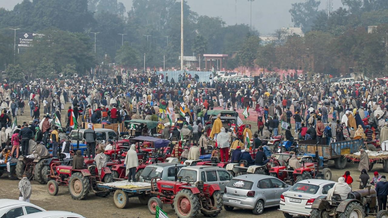 Farmers during 'Kisan Mahapanchayat' against the new farm laws, in Muzaffarnagar. Credit: PTI.