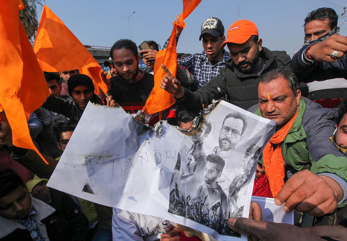 Jammu: Bajrang Dal activits stage a protest against Amazon Prime web series 'Tandav', in Jammu, Wednesday, Jan. 20, 2021. Credit: PTI Photo