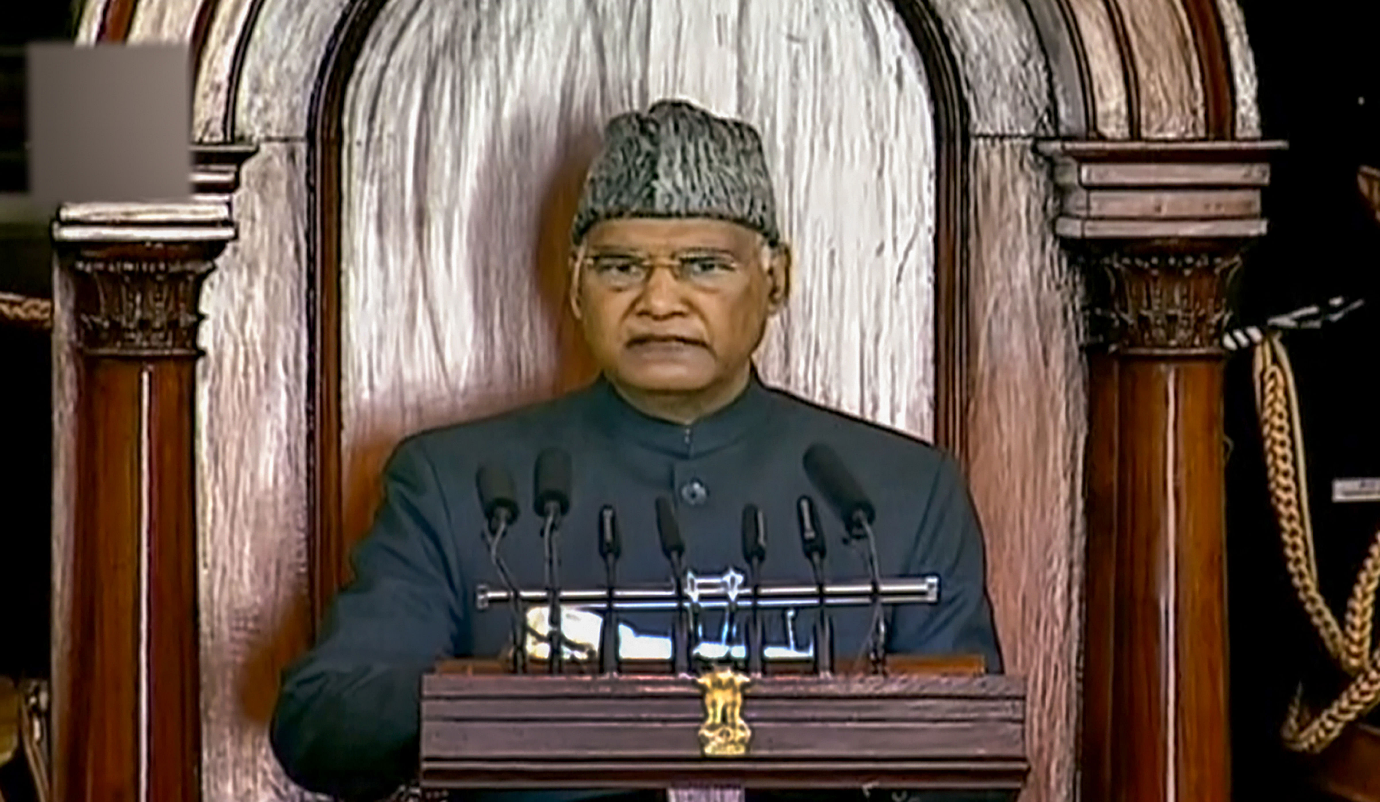 New Delhi: President Ram Nath Kovind at Lok Sabha during the Budget Session of the Parliament, in New Delhi, Friday, Jan. 29, 2021. (LSTV/PTI Photo)