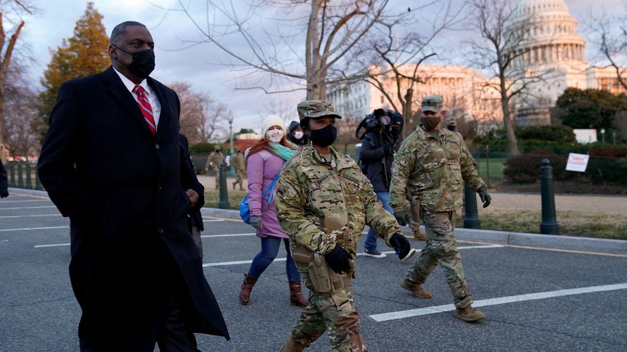 US Secretary of Defense Lloyd Austin visits National Guard troops deployed at the US Capitol and its perimeter. Credit: Reuters File Photo