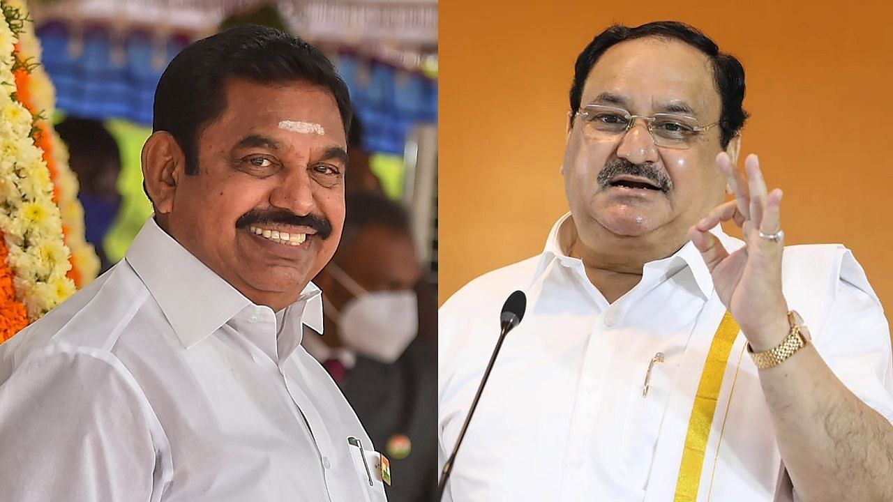 Tamil Nadu Chief Minister Edappadi K Palaniswami and BJP President J P Nadda. Credit: PTI Photo