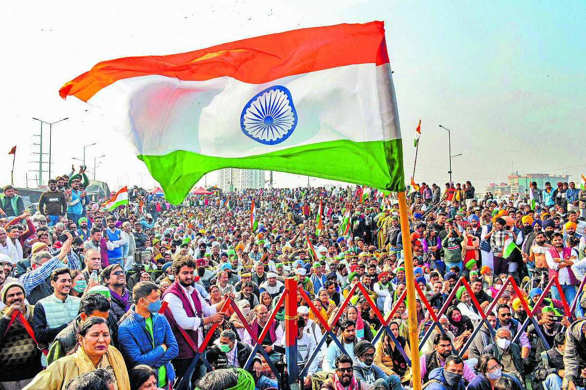 Farmers and their supporters during their ongoing agitation against the farm reform laws, at the Ghazipur border in New Delhi. Credit: PTI. 