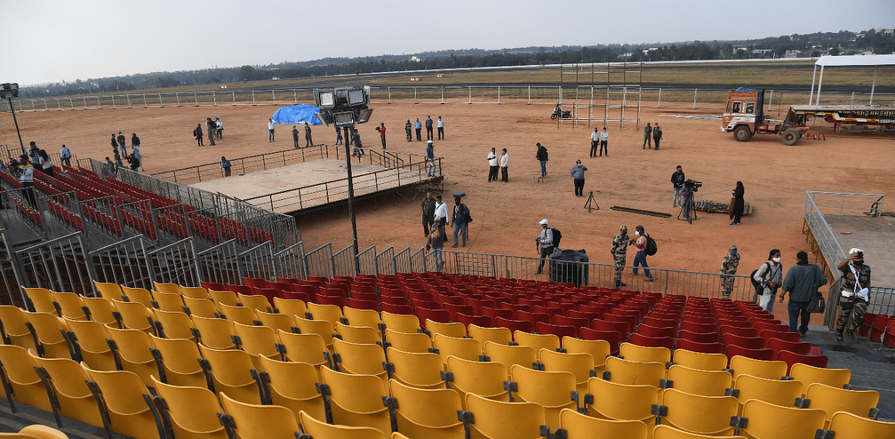 Preparations for the upcoming Aero India 2021 at Air force Station Yelahanka, which begins from February 3, in Bengaluru. Credit: DH Photo/B H Shivakumar