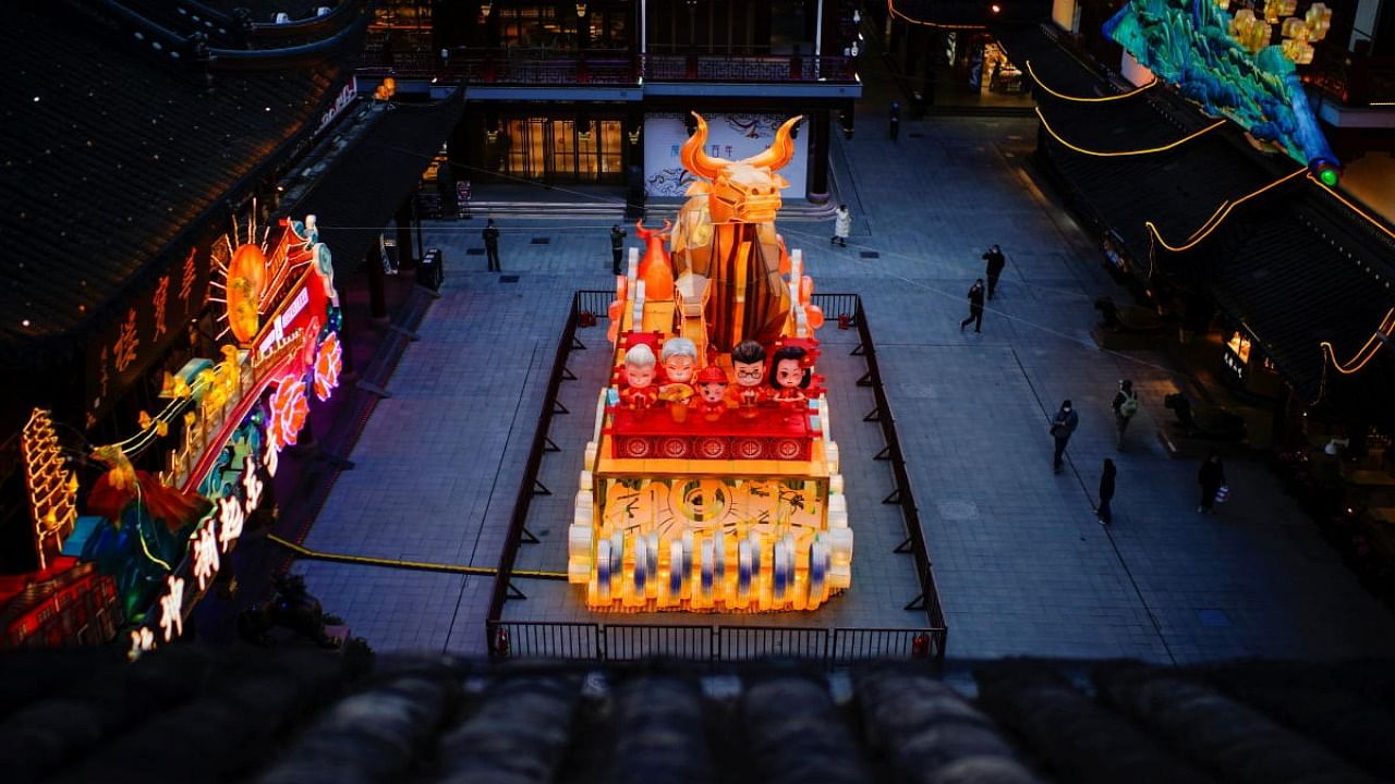 A decoration in the shape of an ox is pictured ahead of the Chinese Lunar New Year festivity at Yu Garden, following the Covid-19 outbreak in Shanghai. Credit: Reuters.