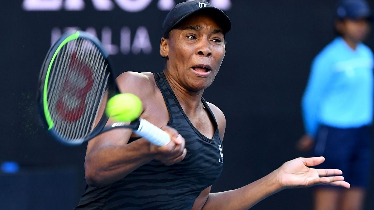 Venus Williams of the US hits a return against Netherlands' Arantxa Rus during their Yarra Valley Classic Women's singles tennis match in Melbourne on January 31, 2021. Credit: AFP Photo