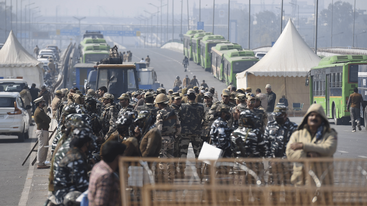 Heavy security deployment at Ghazipur border during farmer's protest against the new farm laws. Credit: PTI Photo