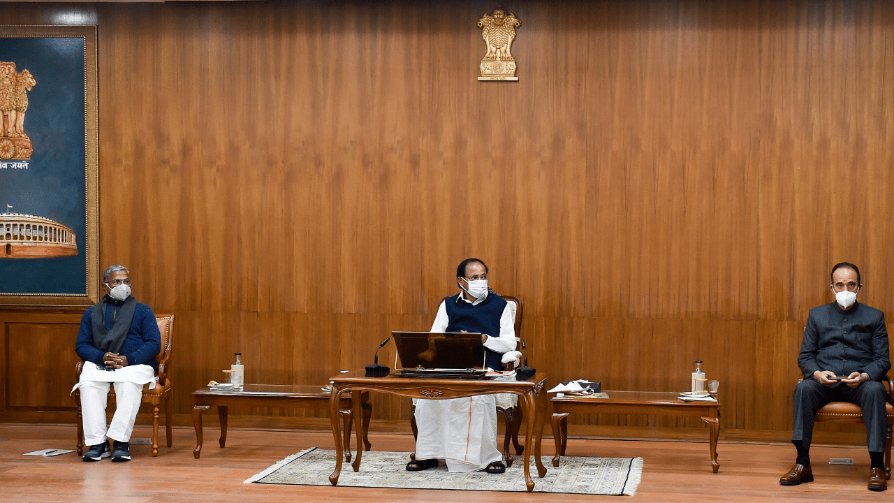 Vice President M.Venkaiah Naidu chairs a meeting with various political parties' leaders in Rajya Sabha on the occasion of commencement of Budget Session. Credit: PTI Photo