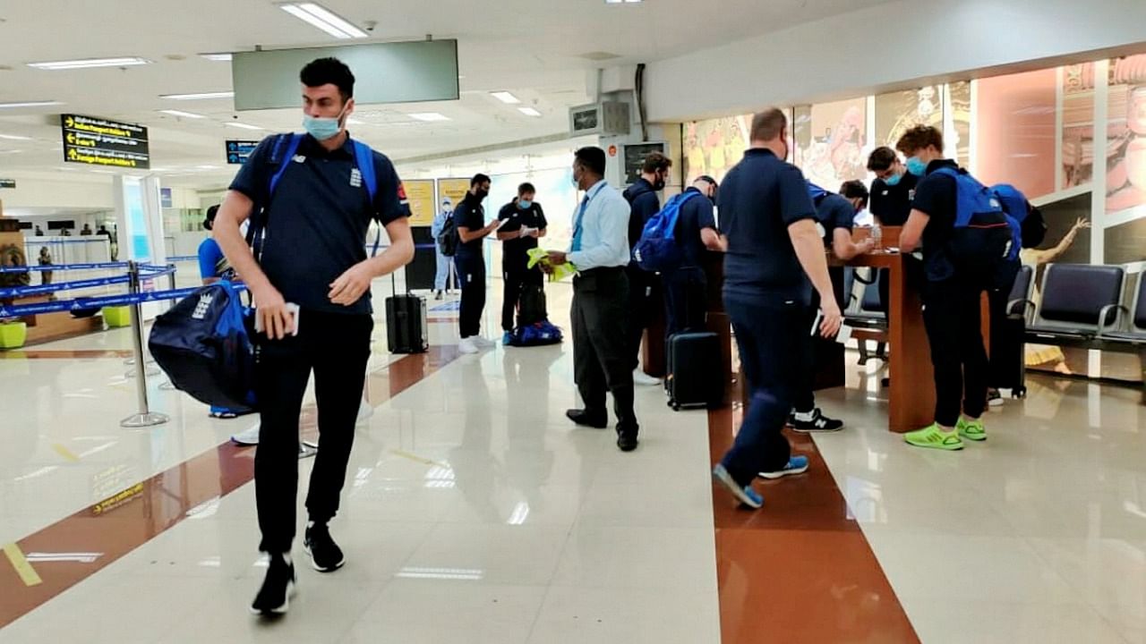 England cricket team arrives at the airport ahead of the test series against India, in Chennai. Credit: PTI Photo
