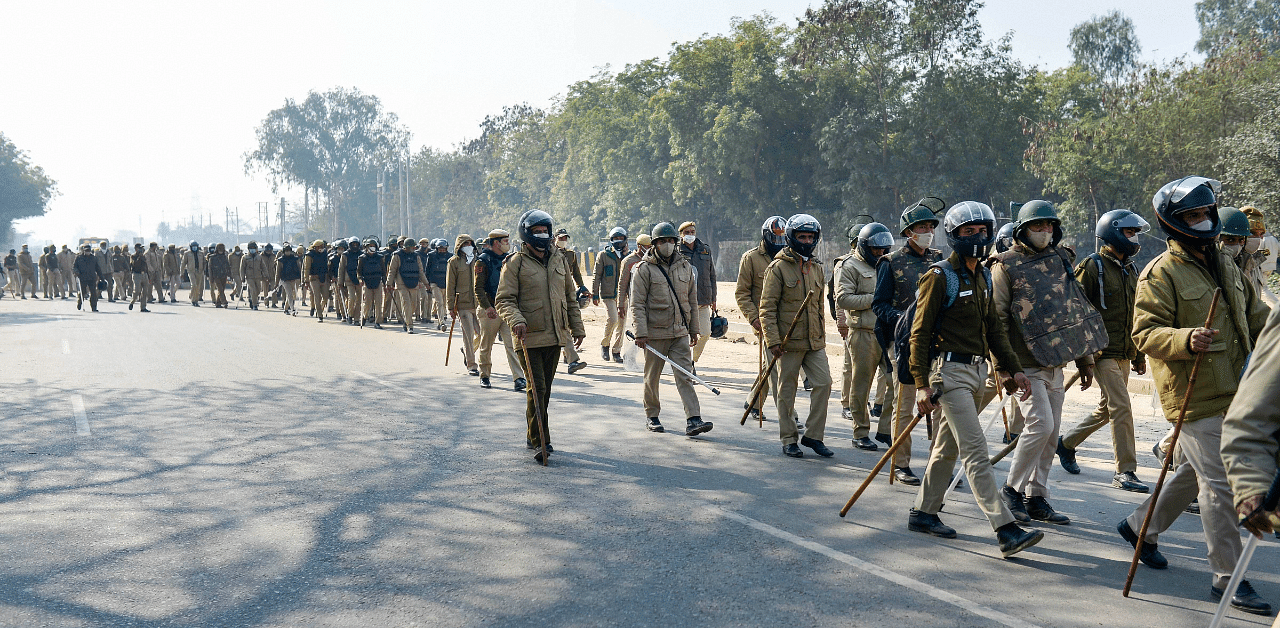 Enhanced security at Singhu border following clashes between protesting farmers and a group of people claiming to be locals. Credit: PTI Photo