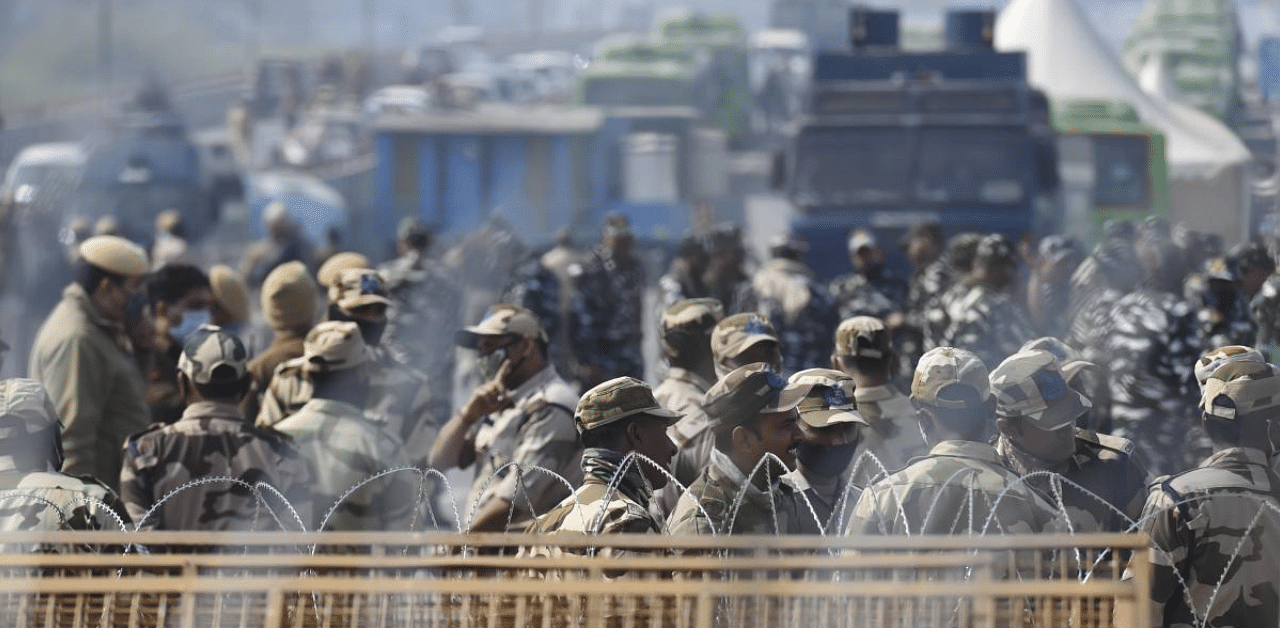 Heavy security deployment at Ghazipur border during farmer's protest against the new farm laws, in New Delhi. Credit: PTI Photo