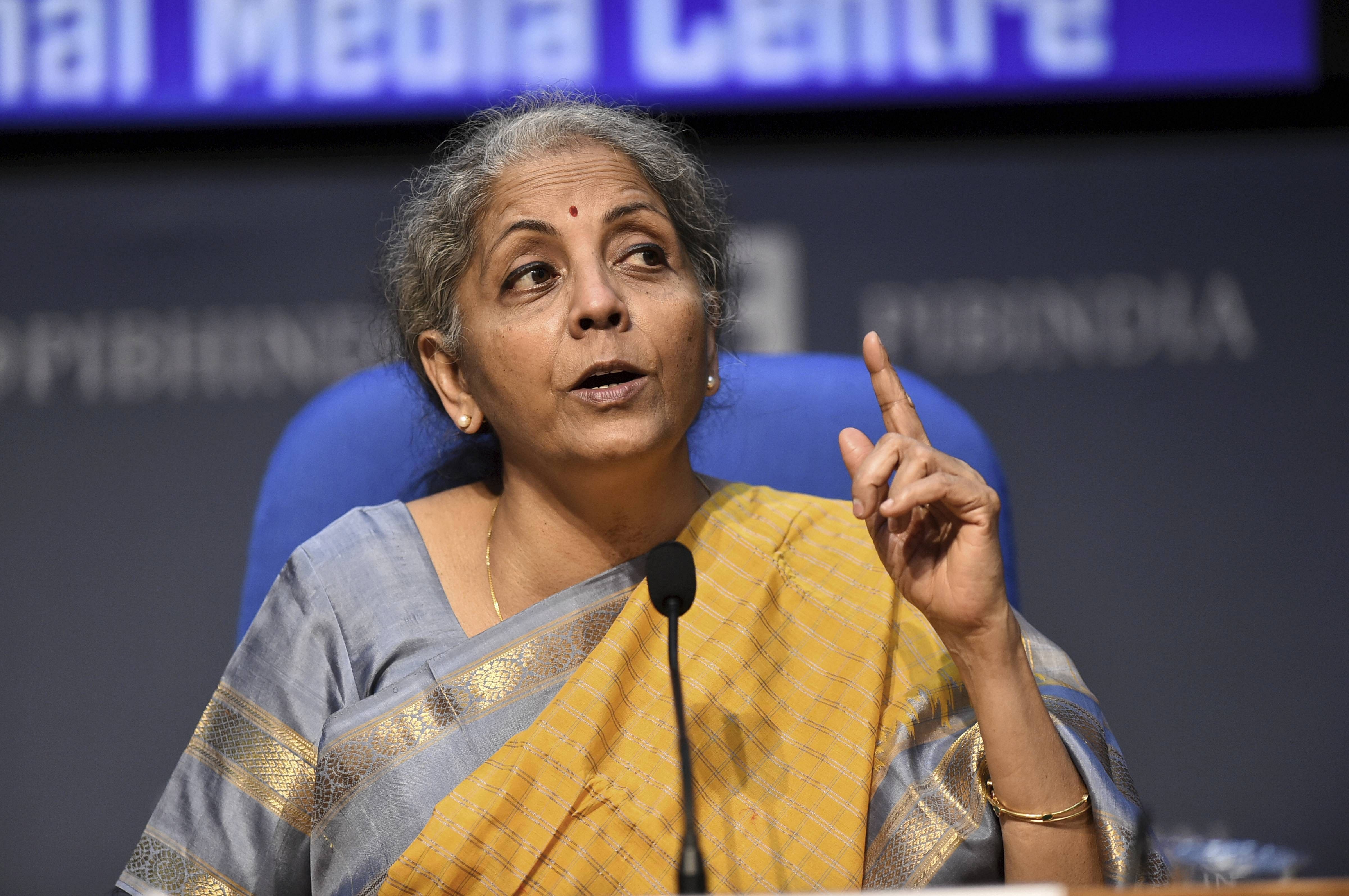 Union Finance Minister Nirmala Sitharaman speaks during the post-budget press conference, at National Media Centre in New Delhi, Monday, Feb. 1, 2021. Credit: PTI Photo