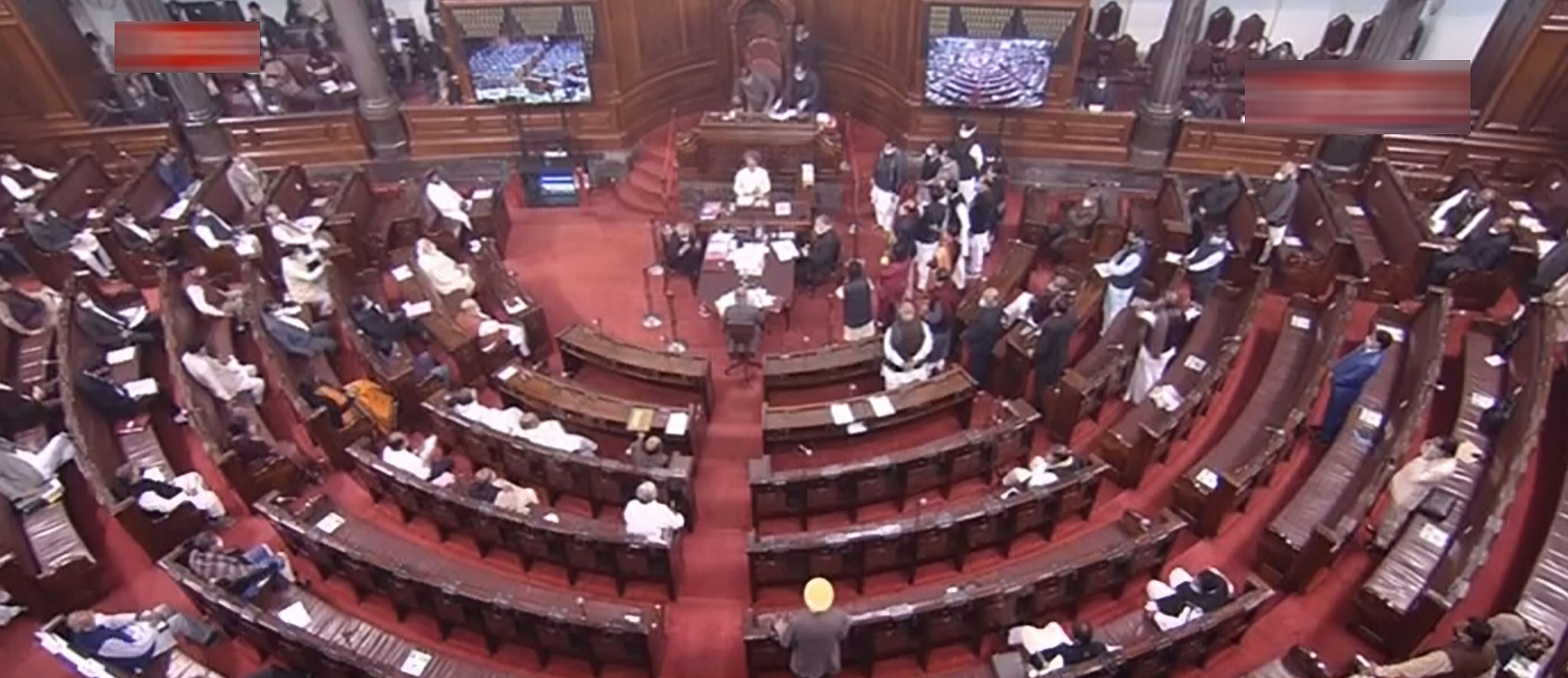  MPs at Rajya Sabha during the Budget Session of Parliament, in New Delhi, Tuesday, Feb. 02, 2021. Credit: Video Screengrab/RSTV