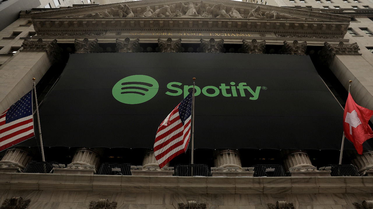 The Spotify logo hangs on the facade of the New York Stock Exchange. Credit: Reuters Photo