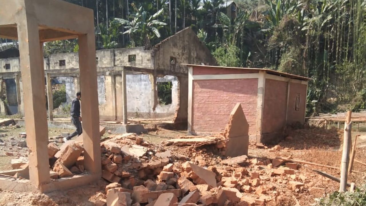 The primary school damaged in bomb blasts in Hailakandi district in South Assam on Wednesday. Credit: Hailakandi district administration. 
