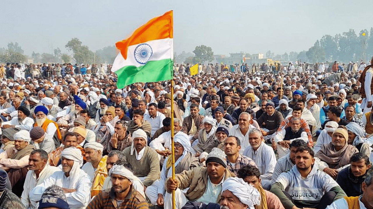 Farmers during 'Kisan Mahapanchayat' against the new farm laws, in Jind district, Wednesday, Feb. 03, 2021. Credit: PTI Photo