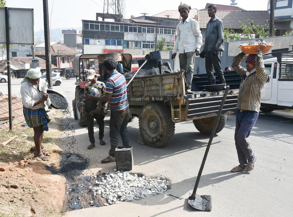 A road being repaired in Madikeri ahead of President Ram Nath Kovind's visit.