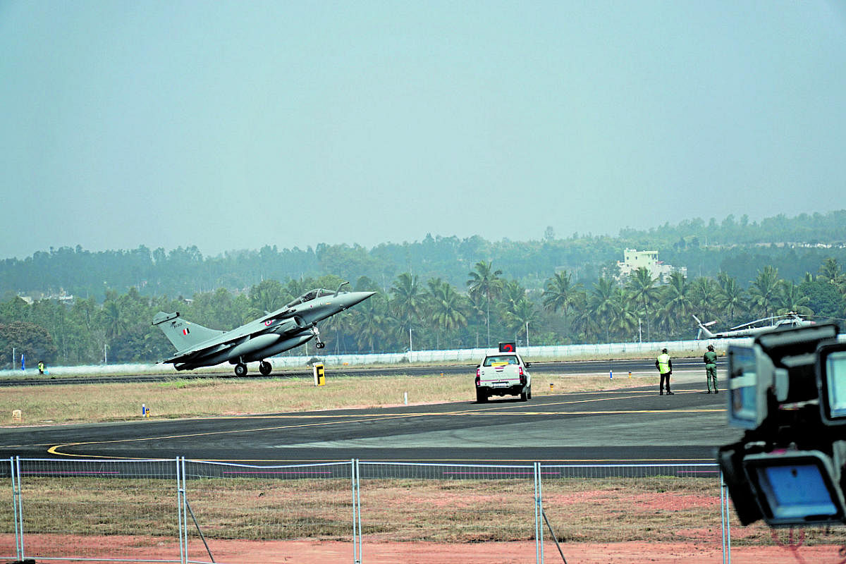 A Dassault Rafale of the Indian Air Force takes off at Aero India show.
