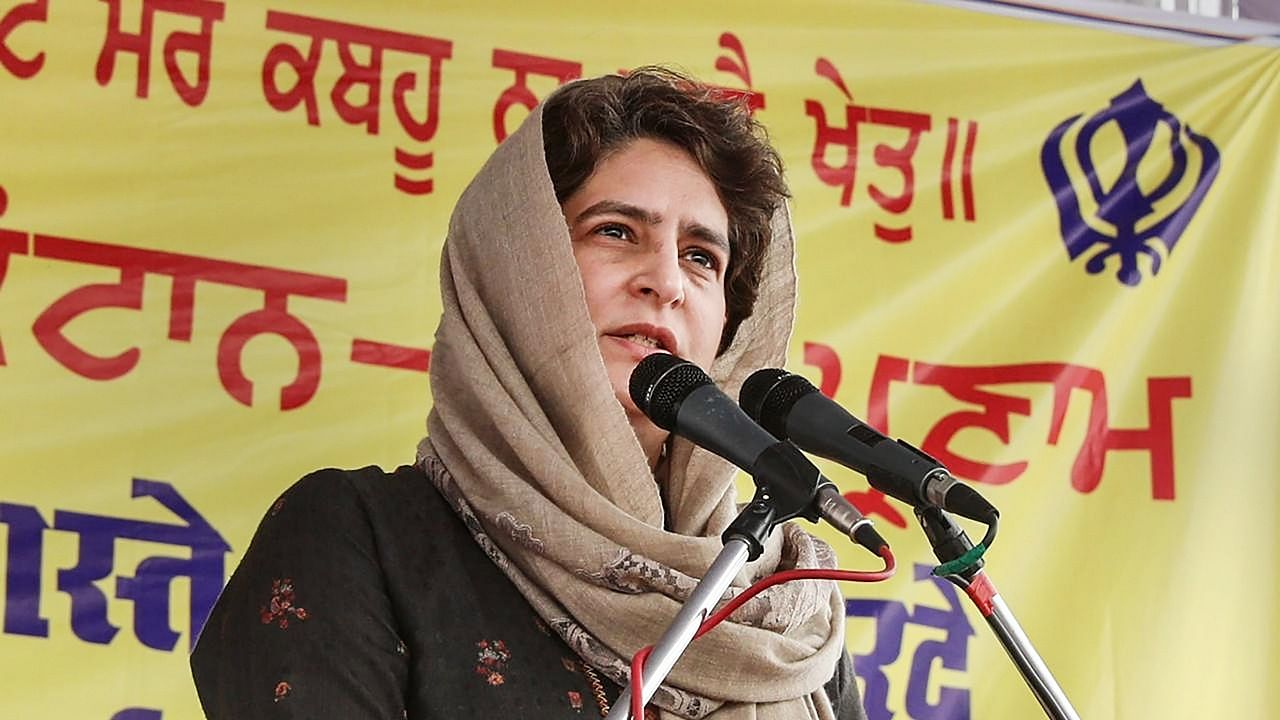 Congress General Secretary Priyanka Gandhi Vadra addresses a gathering during her visit to family members of Navreet Singh, who died during the farmers rally on Republic Day, in Rampur district, Uttar Pradesh. Credit: PTI Photo