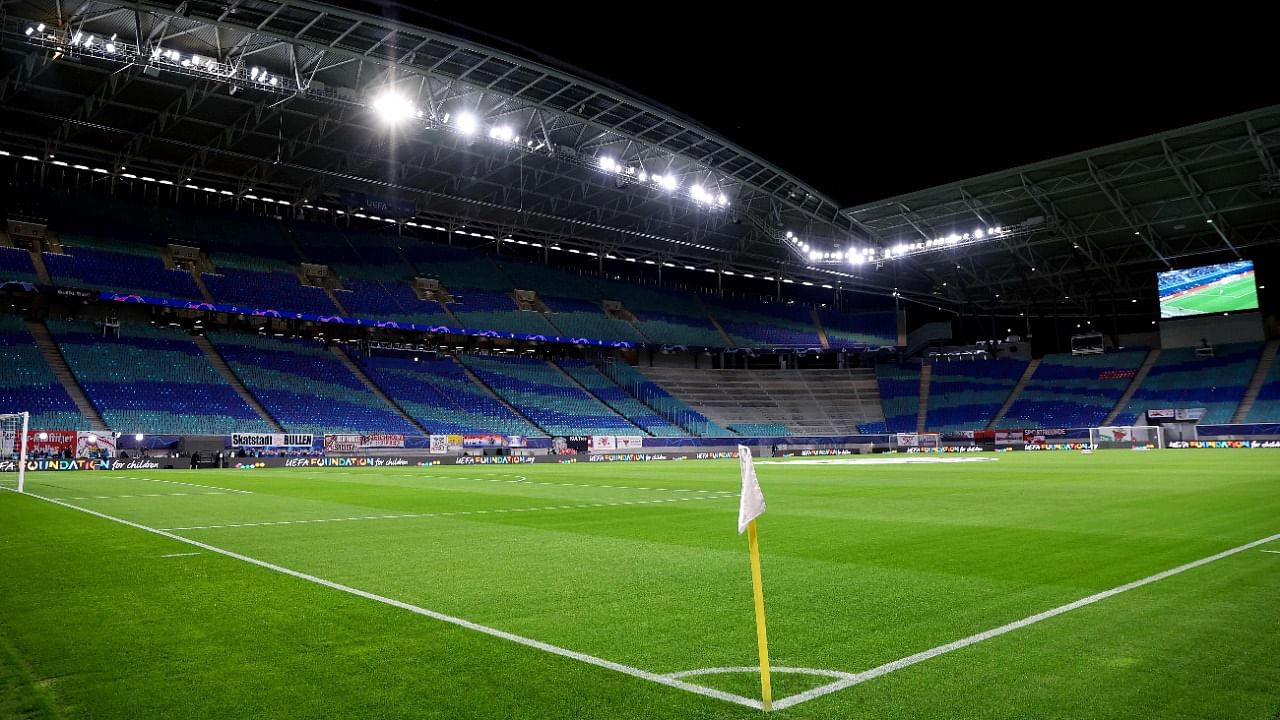 A general view of the pitch at an empty Red Bull Arena in Leipzig, east Germany. Credit: AFP File Photo