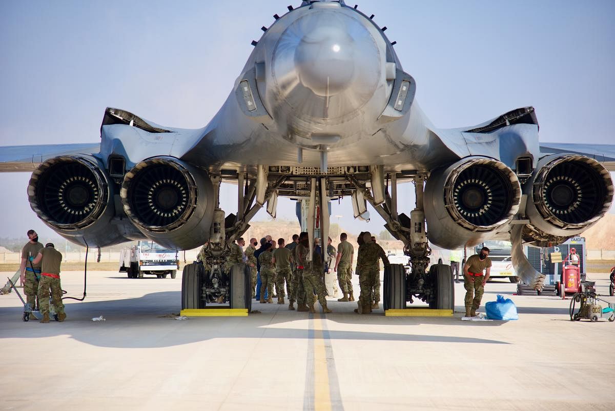 A B-1 Lancer of the 34th Expeditionary Bomb Squadron at Karnataka International Airport this week. Credit: DH. 