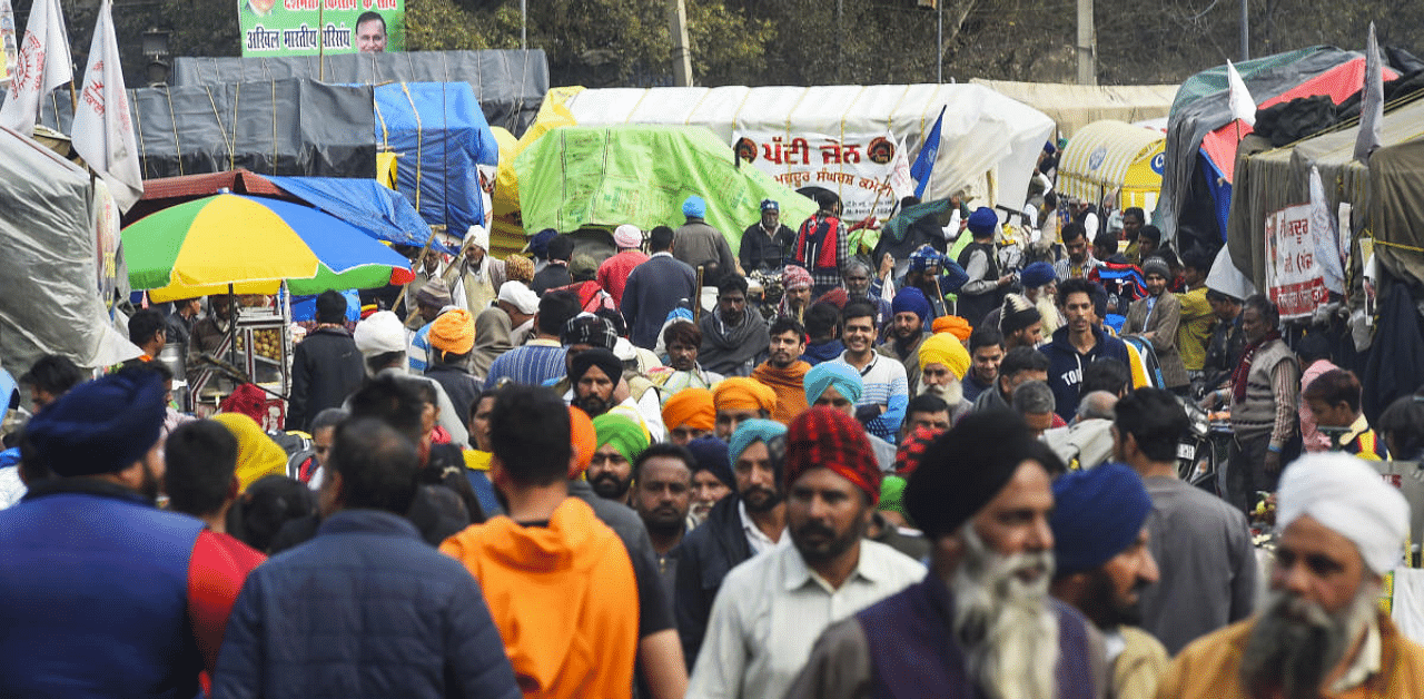 Farmers protest at Singhu Border. Credit: PTI Photo