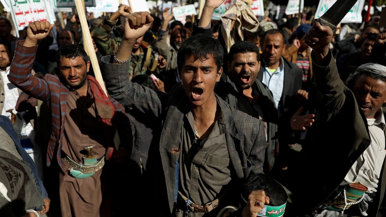 Houthi supporters shout slogans during a rally against the United States' designation of Houthis as a foreign terrorist organisation, in Sanaa, Yemen,. Credit: Reuters File Photo.