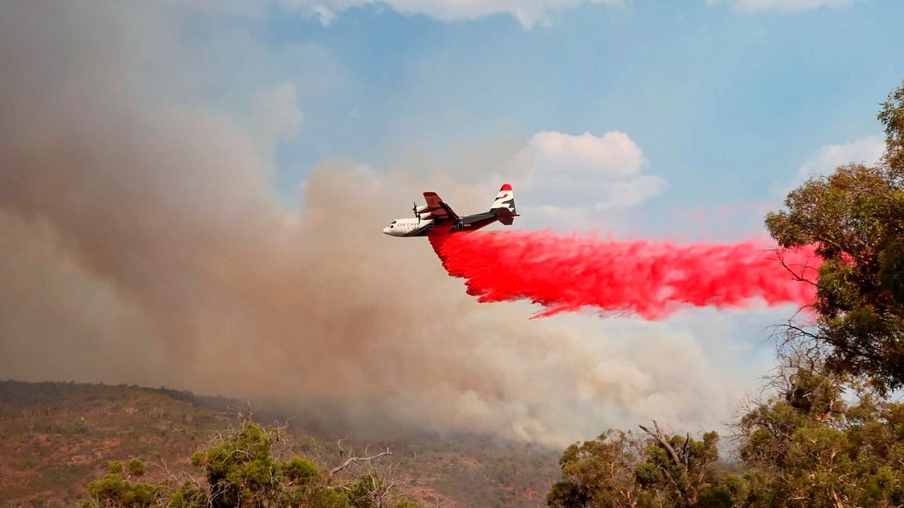 In this photo provided by the Department of Fire and Emergency Services, a firefighting plane dumps retardant on a fire near Wooroloo, north east of Perth, Australia. Credit: AP/PTI Photo.