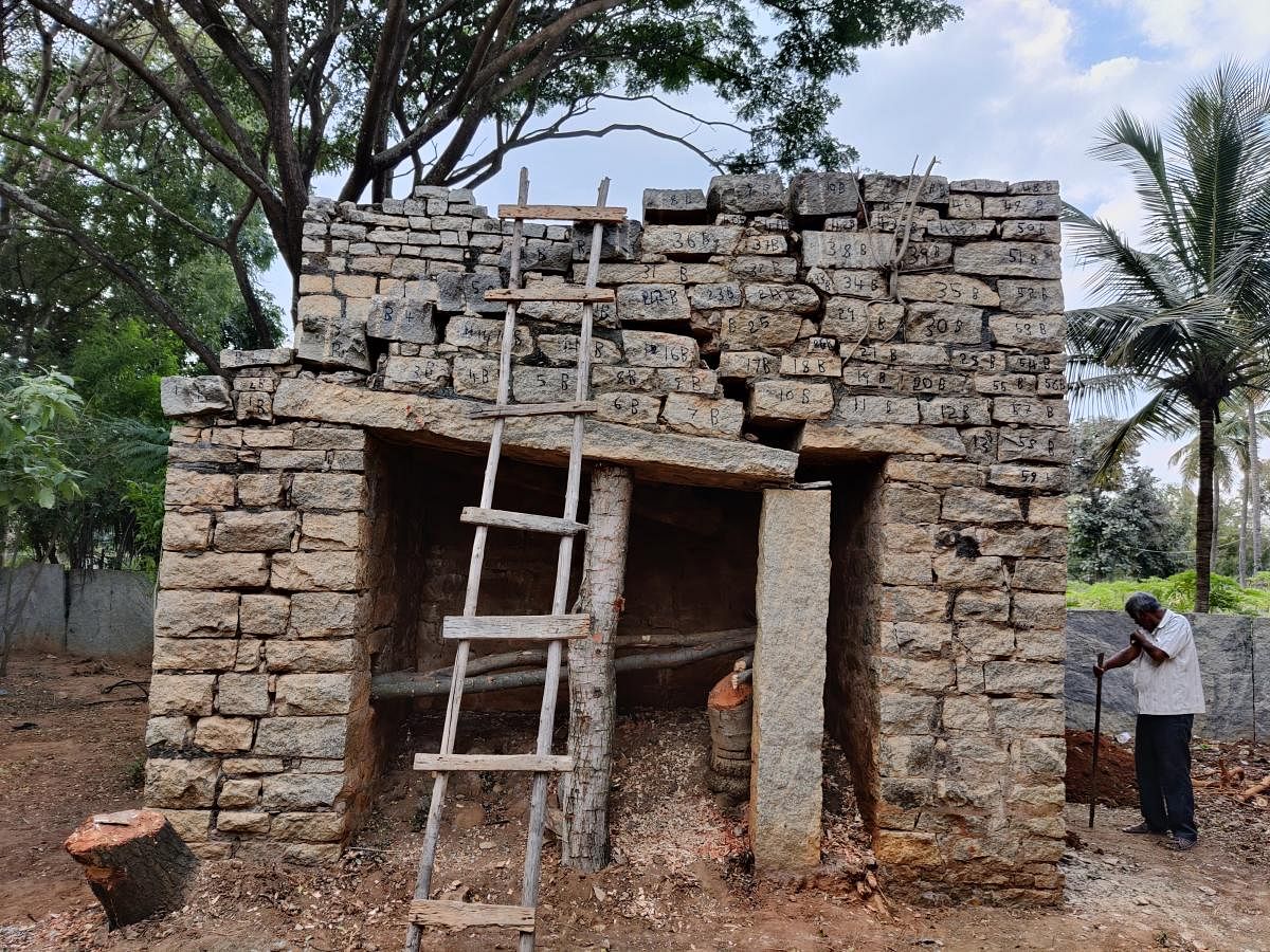 Conservation work in progress at the Kannur observatory in Bengaluru. Stones are numbered before being dismantled; GTS KG Tower, a marker at the southwestern end of the Bengaluru baseline. Photos by Chetana Hamsagar &amp; Pankaj Modi