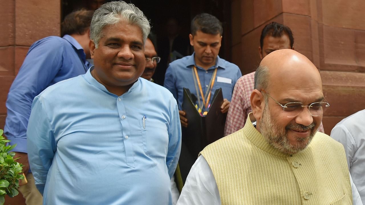Union Home Minister Amit Shah with BJP MP Bhupendra Yadav. Credit: PTI Photo