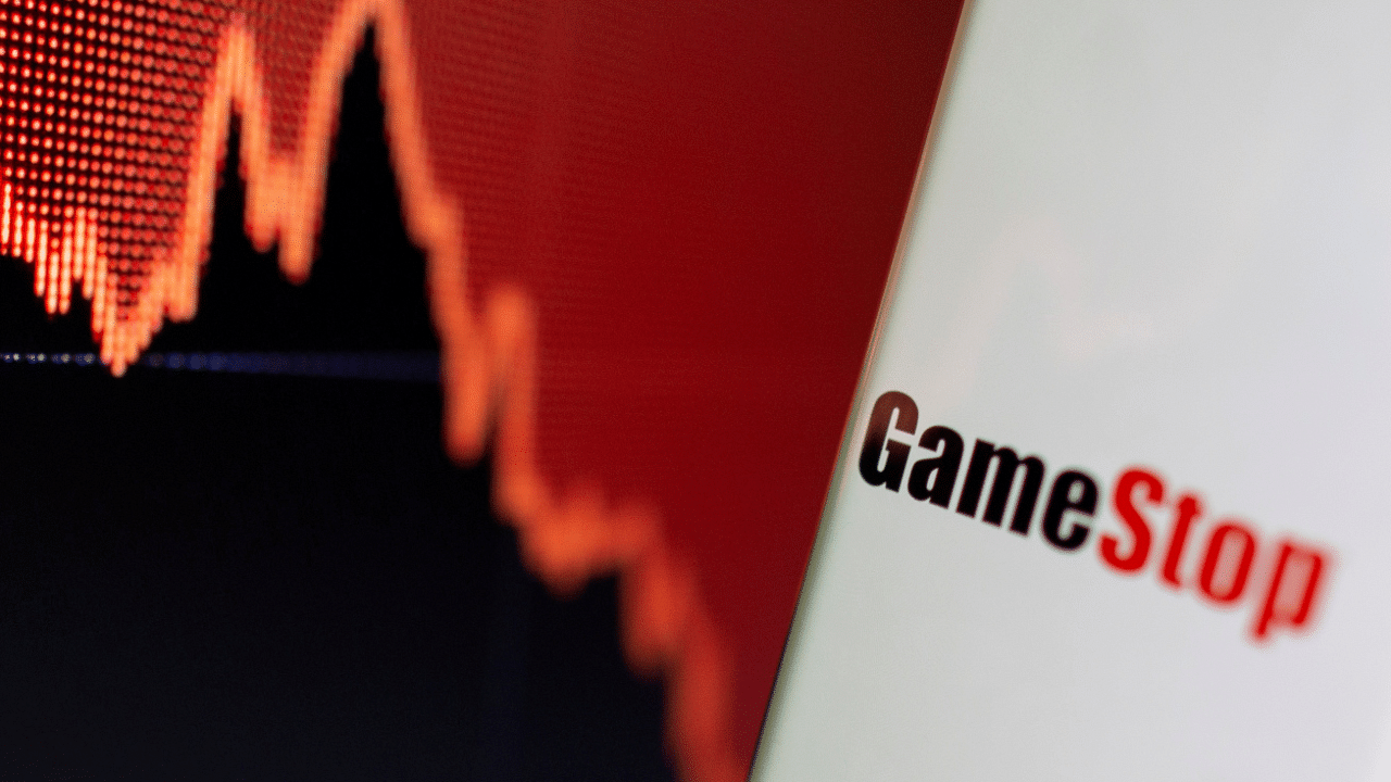 GameStop logo is seen near displayed stock graph. Credit: Reuters Photo