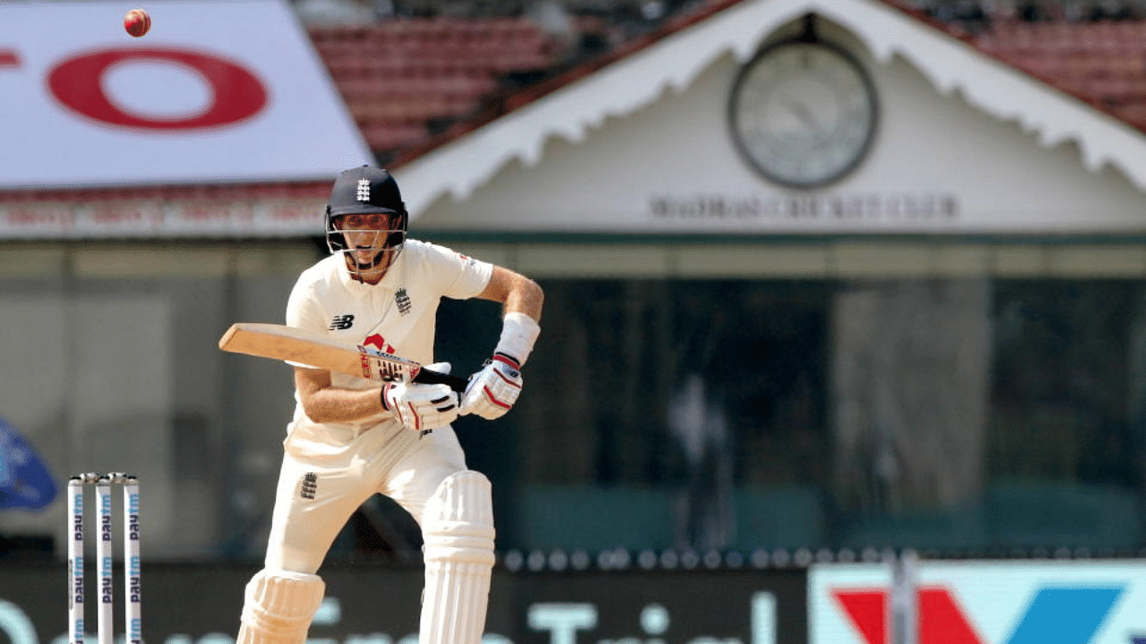  England player Joe Root plays a shot during the 2nd day of first cricket test match between India and England, at MA Chidambaram Stadium ,in Chennai, Saturday, Feb. 6, 2021. Credit: PTI