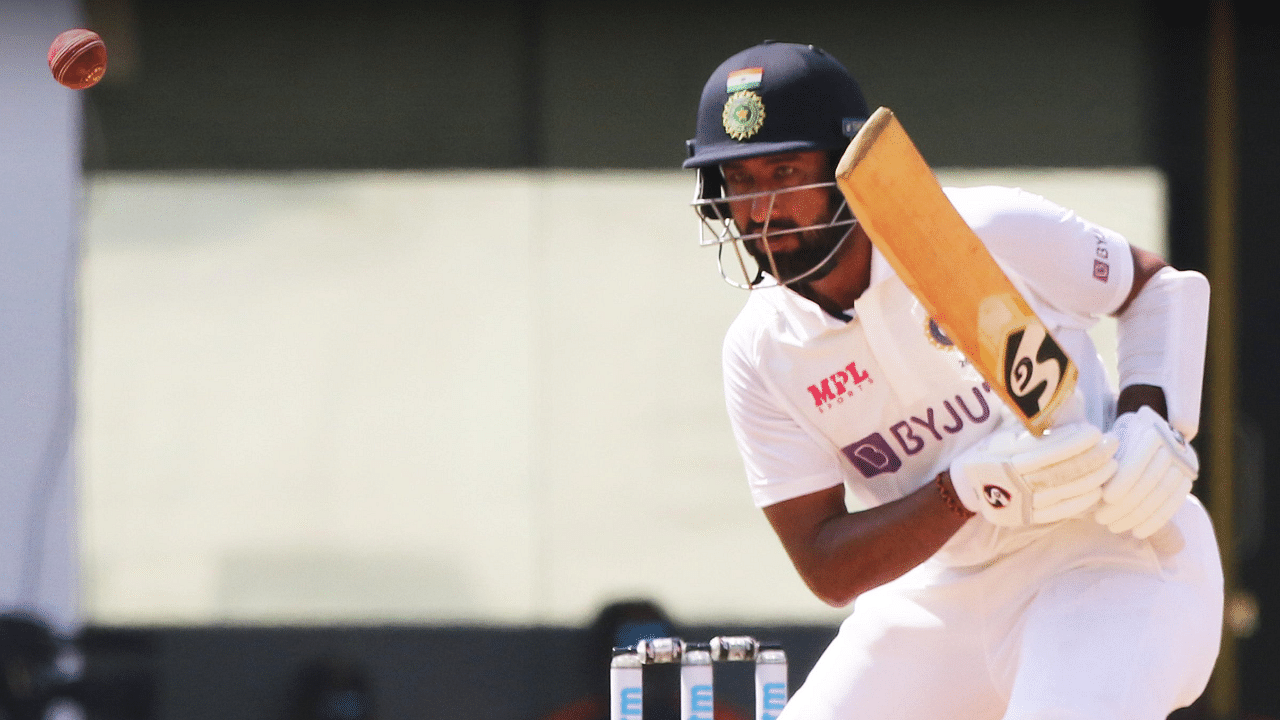 Cheteshwar Pujara (20) (in pic) and Virat Kohli (4) were at the crease for the home team. Credit: Twitter/@@BCCI