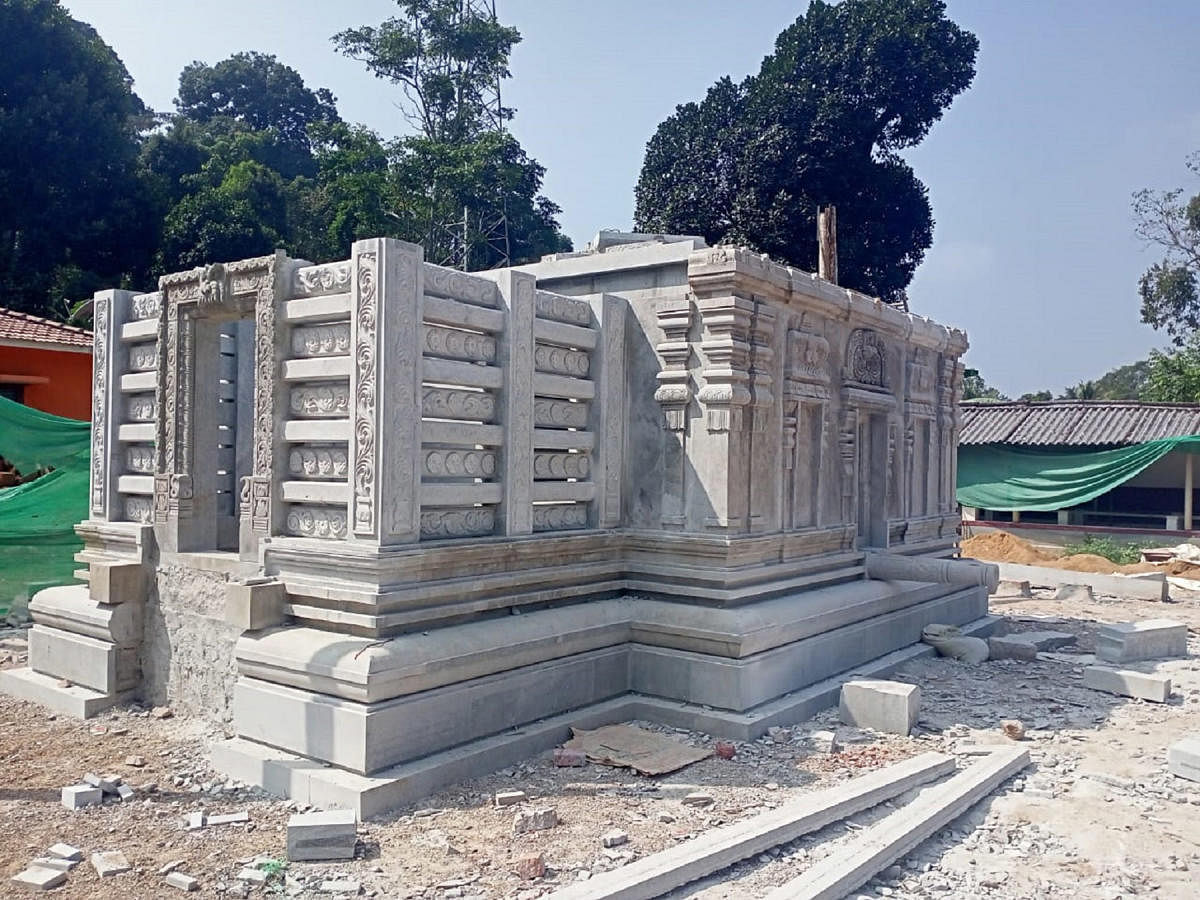 The renovation work on Bhagavathi Temple in progress in Hoddur village.