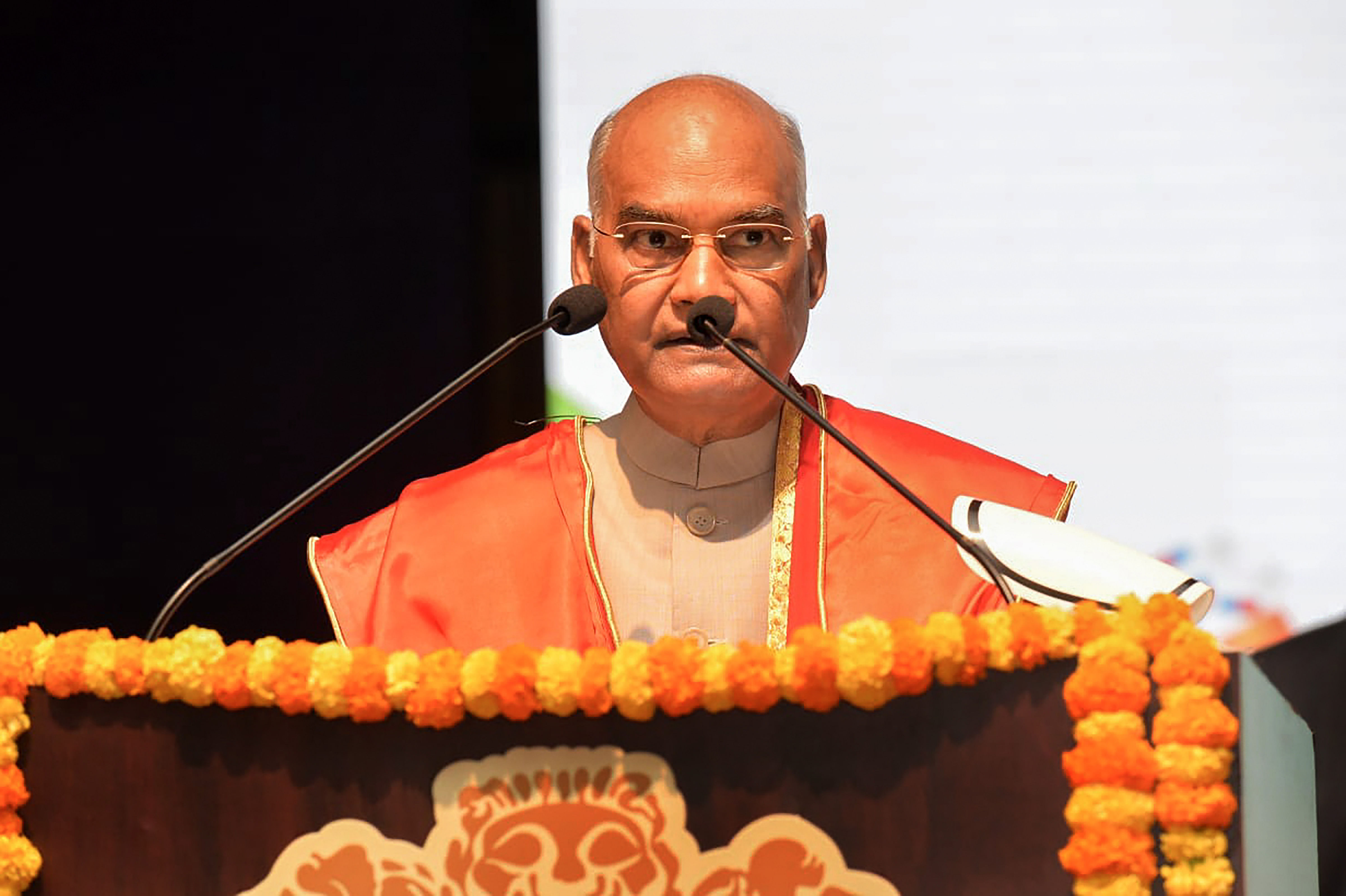 President of India Ram Nath Kovind speaks during the 23rd annual convocation of the Rajiv Gandhi University of Health Sciences, in Bengaluru, Sunday, Feb. 7, 2021. Credit: RB OFFICE/PTI Photo