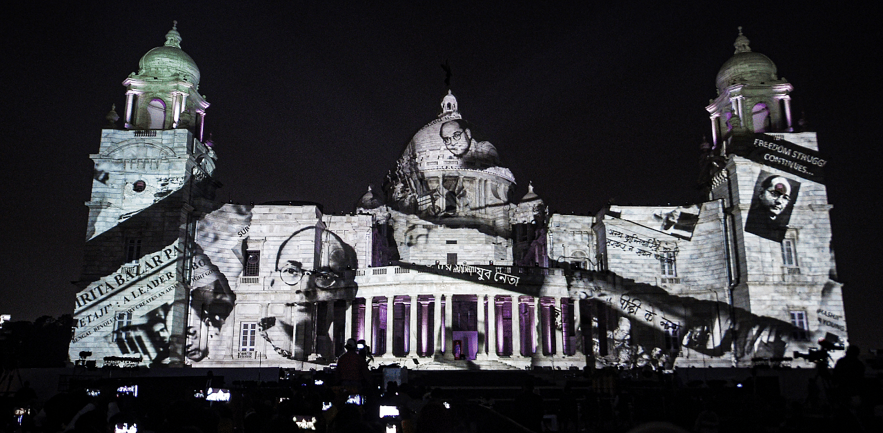 Illuminated Victoria Memorial on the occasion of 125th birth anniversary of Netaji Subash Chandra Bose, in Kolkata. Credit: PTI Photo