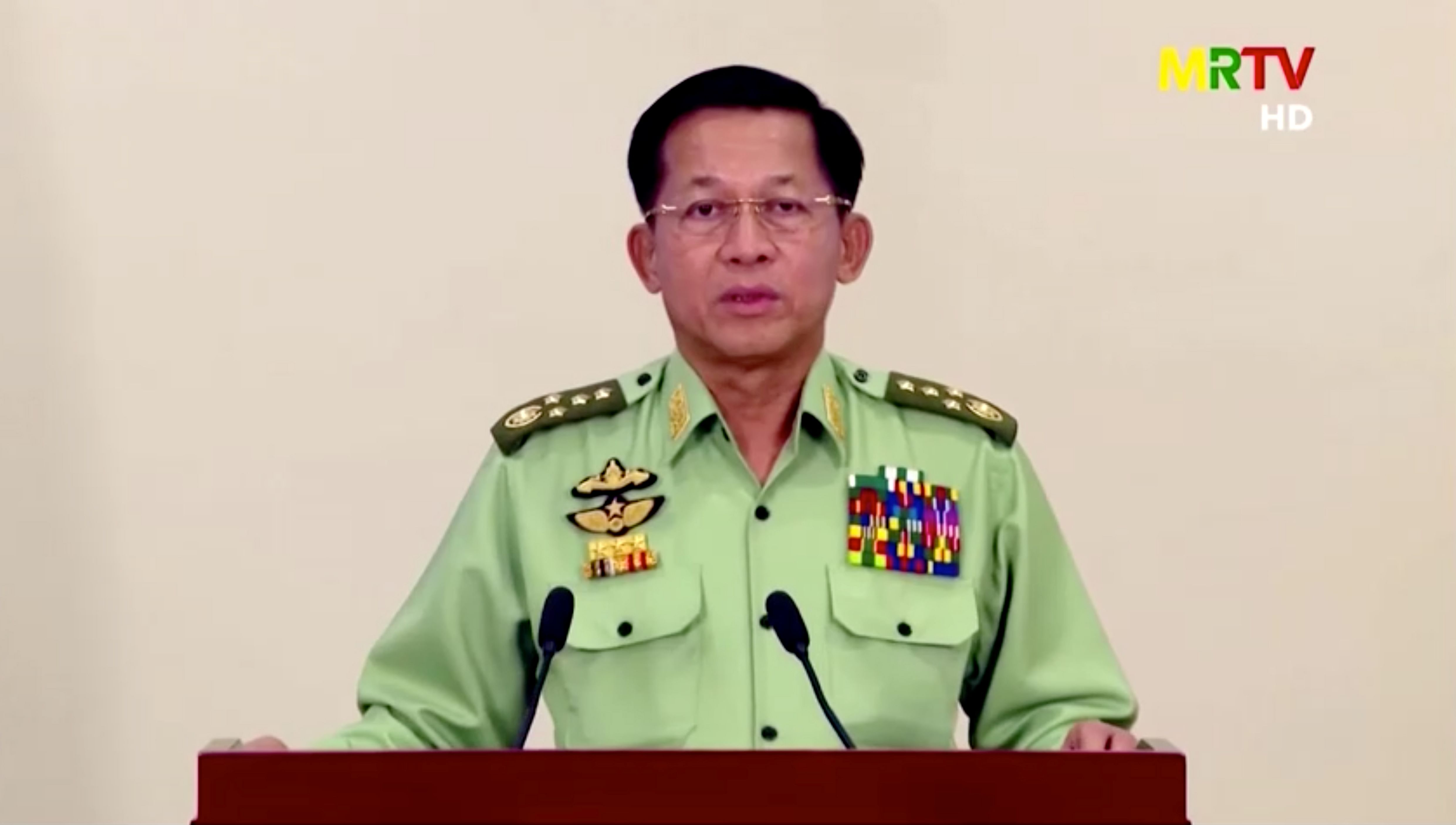 Myanmar's military junta leader, General Min Aung Hlaing, speaks in a media broadcast in Naypyitaw, Myanmar February 8, 2021 in this still image taken from video. Credit: MRTV/Reuters TV