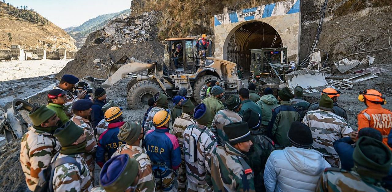 Rescue operations underway at Tapovan Tunnel, after a glacier broke off in Joshimath causing a massive flood in the Dhauli Ganga river, in Chamoli district of Uttarakhand. Credit: PTI photo. 