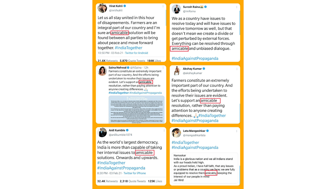 A compilation of celebrities' tweets posted by Maharashtra Congress General Secretary Sachin Sawant. Credit: Twitter/@sachin_inc