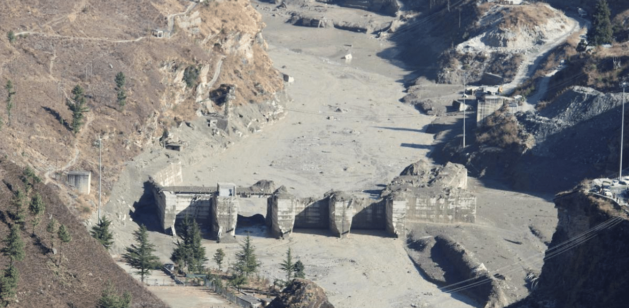 Damaged Dhauliganga hydropower project after a glacier broke off in Joshimath causing a massive flood in the Dhauli Ganga river, in Chamoli district of Uttarakhand. Credit: PTI Photo