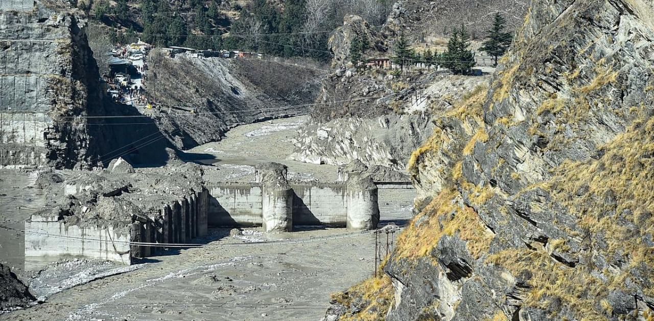 The damaged Tapovan-Vishnugad hydel project of NTPC, a day after a glacier broke off in Joshimath, in Chamoli district of Uttarakhand, Monday, Feb 8, 2021. Credit: PTI Photo